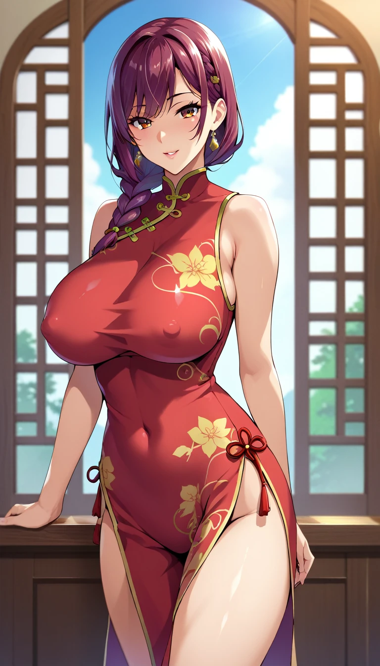 (masterpiece, best quality, ultra-detailed, high resolution, detailed eyes), takeda hiromitsu style, 1woman, (40 years old), solo, large breast, cowboy shot, standing, voluptuous body, medium side braid, Qipao(cheongsam)