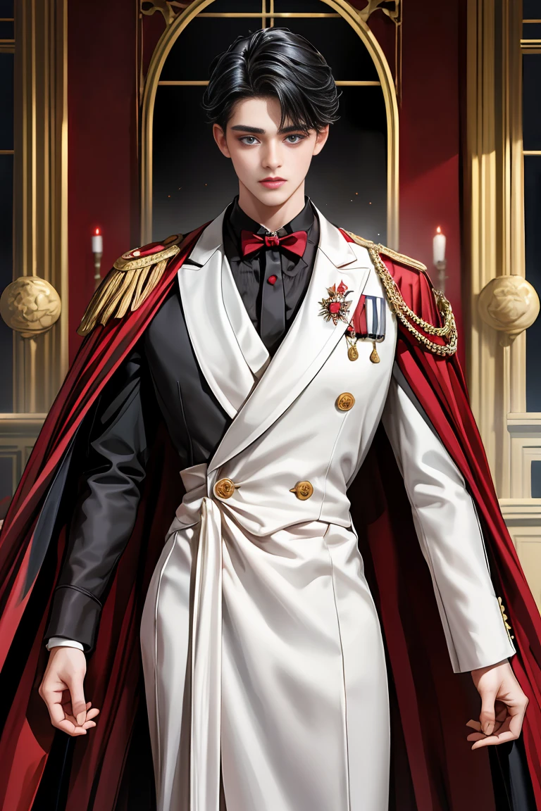 masterpiece, 最high quality, high quality, 1 boy, alone, Male focus, Watching the audience, Messy black hair, Adorable big blue eyes, White people, Noble, Noble,Sexy voluminous black and red cape、Tuxedo、A very voluminous, large, very large, very large, long, long red and black cape with a high stand-up collar, reaching down to the floor, made of a lot of fabric., ,Cute beautiful boys,Cute, cute, kind, handsome guy