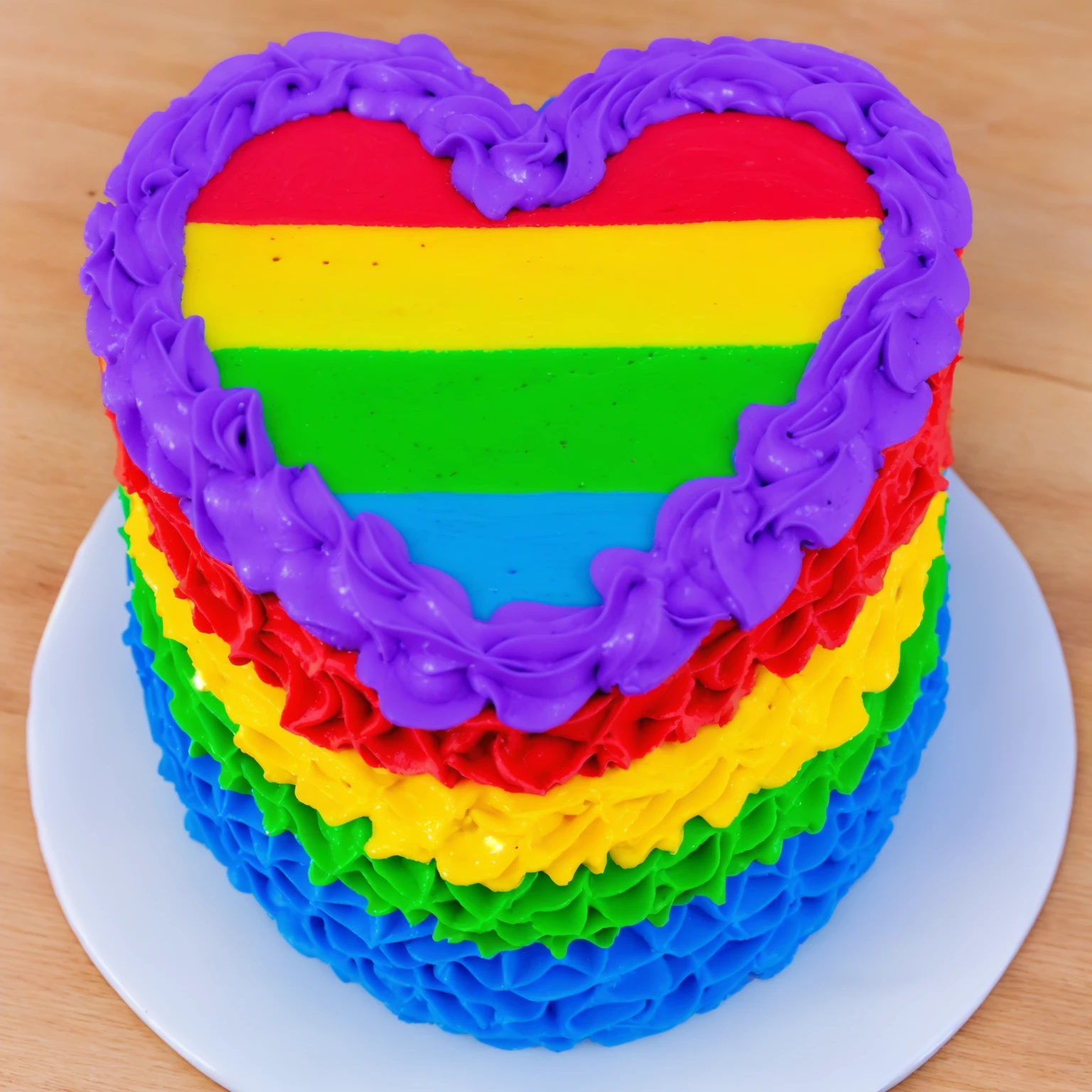 on a wooden table, there is a white plate with a heart cake , rainbow cream heart cake ( star shaped) , multi-colored heart on top, decorated with purple cream, cream with highlights, view from above, Beautiful light from the window, beautiful lighting, bright announcement, Multiple light sources, Realistic style, realistic textures, high quality, high detail, detailed textures, ultra 4k hd, macro photography