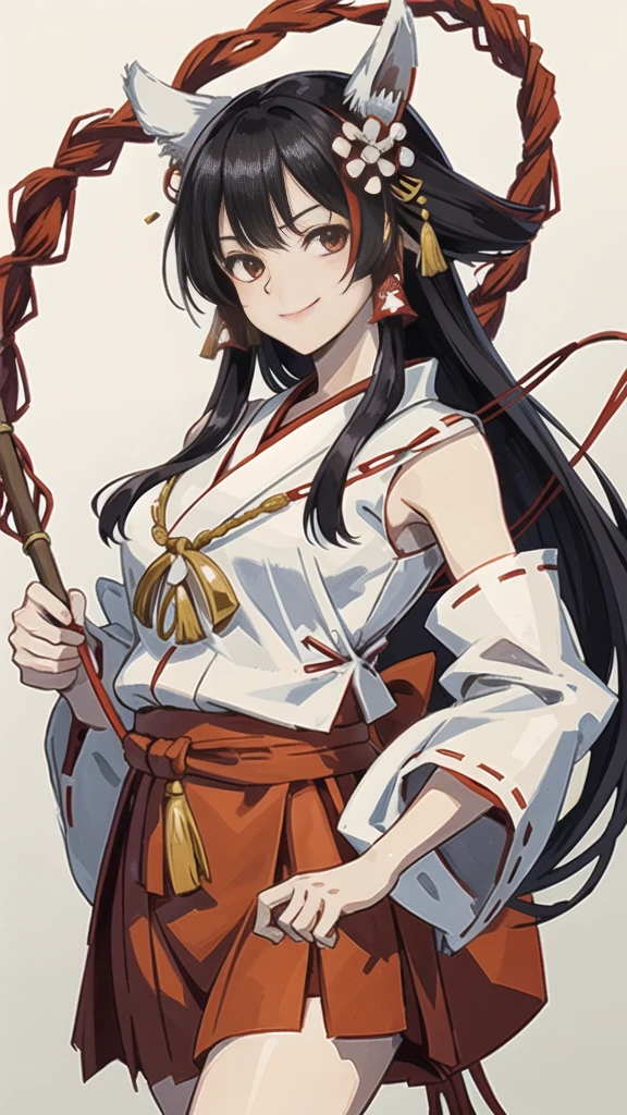 The image shows an illustrated character, likely from an anime or manga. The character has long dark hair and is wearing a traditional shrine maiden (miko) outfit, consisting of a white top (haori) with red accents and a red skirt (hakama). The character is holding what appears to be a bow without the string, and there are white ribbon-like effects surrounding the character, suggesting movement or a magical element. The face of the character has been pixelated to obscure it. The character has no accessories. Please create the new illustration in a soft, pencil-drawn style based on this description. With a smile on your face
