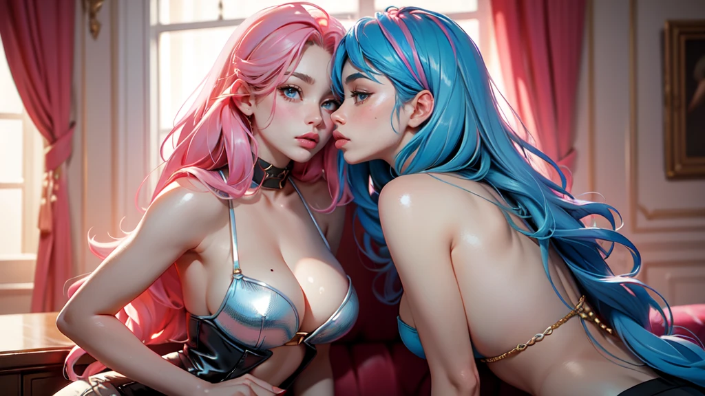 Best Quality, Masterpiece, Portrait, Perfect Anatomy, Femininity, Cool, Flawless, , Solo, Sexy, Stylish, Mature, Long Light pink Hair, Mole Above Lip, Red Lipstick, Big Breasts, Kissing Another Girl with Light blue hair, against the background of the room,bdsm