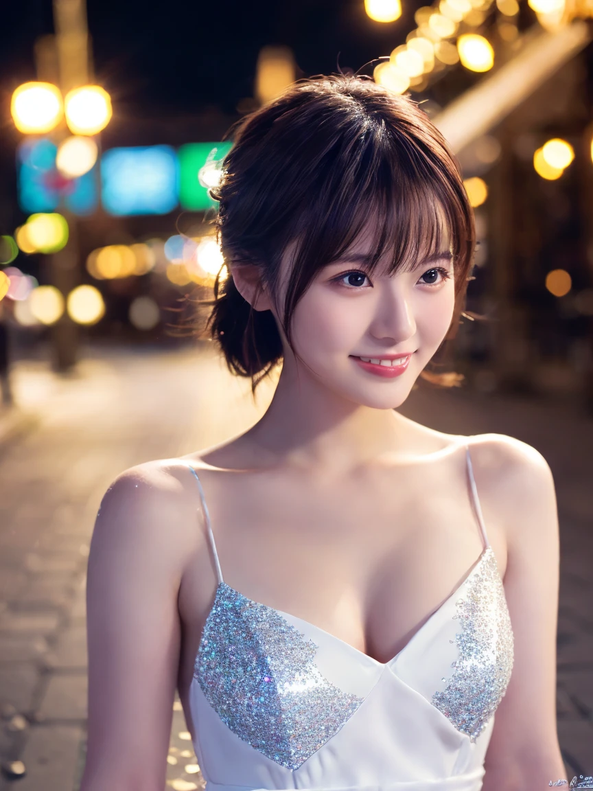 1 Girl, (Wearing a white glitter dress:1.2), (RAW Photos, Highest quality), (Realistic, Realistic:1.4), Tabletop, Very delicate and beautiful, Very detailed, 2k wallpaper, wonderful, finely, Very detailed CG Unity 8K 壁紙, Very detailedな, High resolution, Soft Light, Beautiful detailed girl, Very detailed目と顔, Beautiful and sophisticated nose, finelyて美しい目, Cinema Lighting, City lights at night, Perfect Anatomy, Slender body, smile