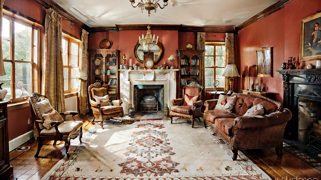 A cozy room in an old European house, featuring a grand stone fireplace with intricate carvings. The room is adorned with classic antique furniture, including a large wooden table, ornate chairs with velvet upholstery, and a vintage rug with intricate patterns. The walls are lined with wooden paneling and decorated with elegant tapestries and framed paintings. A crystal chandelier hangs from the ceiling, casting a warm glow over the room. Shelves filled with old books and decorative items such as candlesticks, porcelain figurines, and brass clocks add to the room's historic charm. Large windows with heavy drapes offer a glimpse of a serene countryside outside.