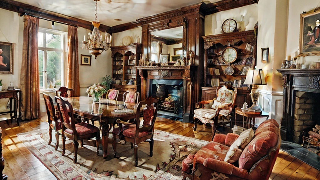 A cozy room in an old European house, featuring a grand stone fireplace with intricate carvings. The room is adorned with classic antique furniture, including a large wooden table, ornate chairs with velvet upholstery, and a vintage rug with intricate patterns. The walls are lined with wooden paneling and decorated with elegant tapestries and framed paintings. A crystal chandelier hangs from the ceiling, casting a warm glow over the room. Shelves filled with old books and decorative items such as candlesticks, porcelain figurines, and brass clocks add to the room's historic charm. Large windows with heavy drapes offer a glimpse of a serene countryside outside.