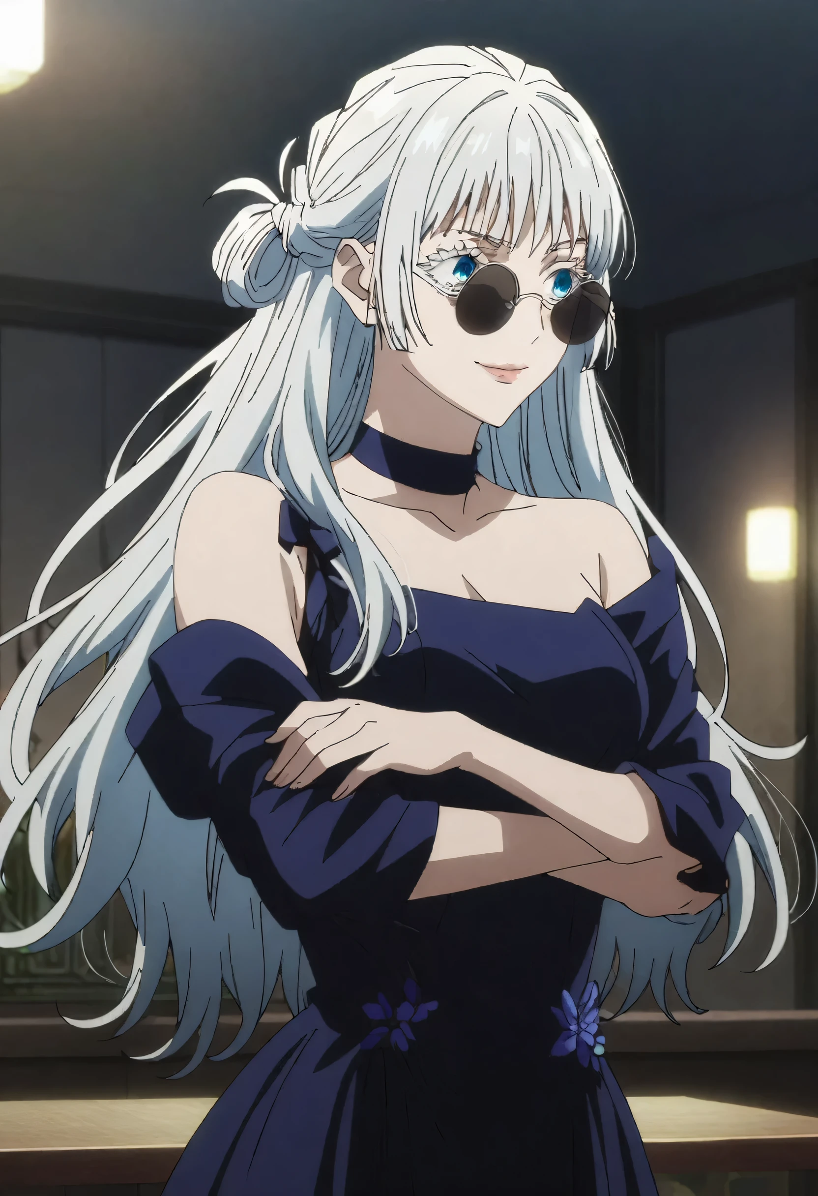 1girl, female gojo satoru, anime screencap from jujutsu kaisen, gojo satoru female version, solo, long_hair, blue eyes, ((white eyelashes)), ((white_hair)), night view, breasts, upper_body, smile, indoors, book, bangs, blue_eyes, lips, (wearing round sunglasses) , ((her hairstyle : The character in the image has long straight white hair)) wearing black color party dress, bare shoulder, breast, "very detailed and high resolution" (blue eyes) ((cross arms)) ((long hair)) ((solo))