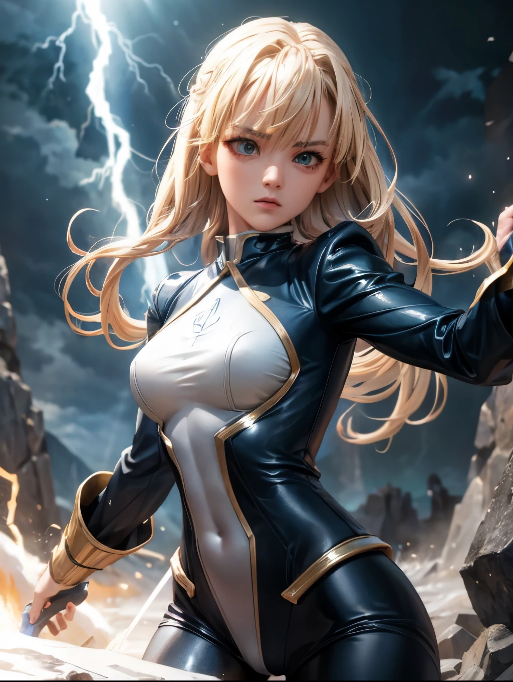 a powerful thunder ranger with a beautiful face, small breasts, wearing a tight suit, with yellow hair, wielding alien weapons, against a dramatic thunder backdrop, ultra-detailed, 8k, highly realistic, cinematic lighting, dramatic colors