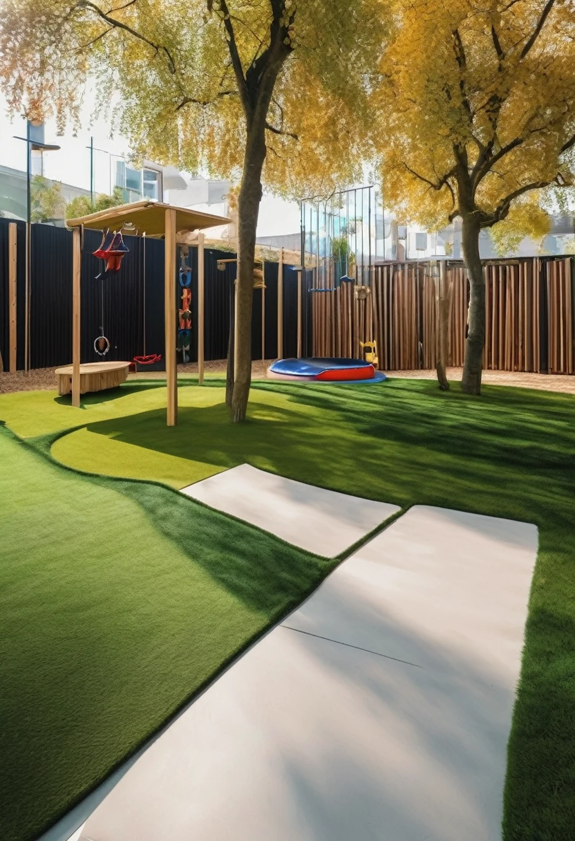 Create a view of small public rectangular lot playground. Small grass flooring and long playground. Long view. Narrow playground just around 4 meters wide