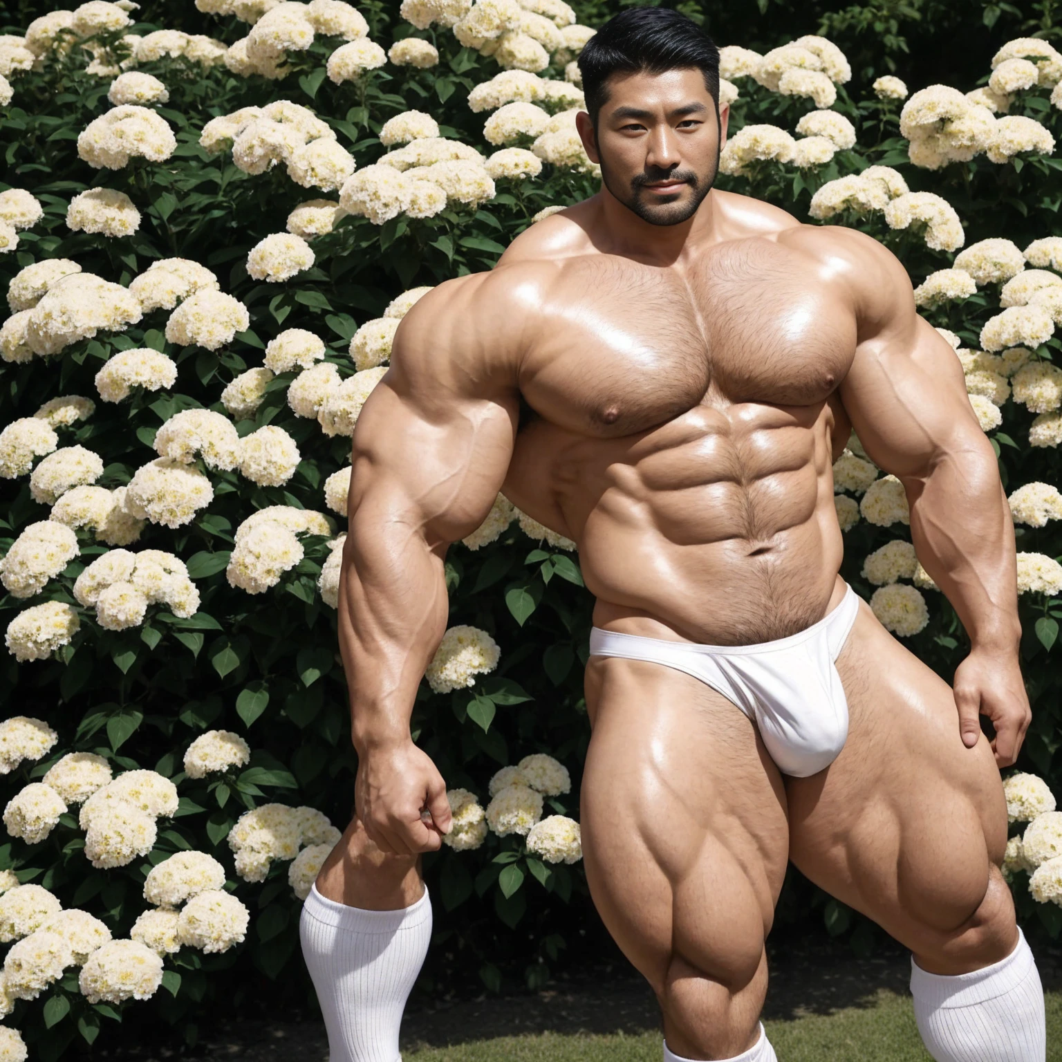 There is only one handsome Asian actor in the photo,35 years old,High target, Fitness,short hair, O-Shaped Beard,Perfect body, Dark skin color,Radiant Skin,Smooth skin,Shiny, shiny skin,Smooth pectoral muscles,No chest hair,No body hair,Muscle bulge, muscular, Very large pectoral muscles,Very sexy abdominal muscles,Very well-developed leg muscles,Huge concave and convex area,Brightens oily skin,Wearing a white leather shiny thong,Handsome face, Correct and accurate male body proportions, Wear white socks,Put your hands behind your back,Stand among the flowers,Flowers bloom all around。