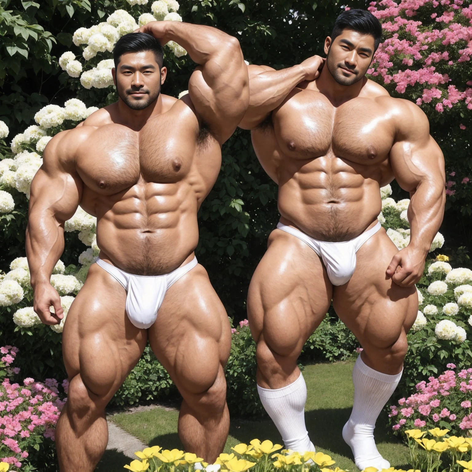 There is only one handsome Asian actor in the photo,35 years old,High target, Fitness,short hair, O-Shaped Beard,Perfect body, Dark skin color,Radiant Skin,Smooth skin,Shiny, shiny skin,Smooth pectoral muscles,No chest hair,No body hair,Muscle bulge, muscular, Very large pectoral muscles,Very sexy abdominal muscles,Very well-developed leg muscles,Huge concave and convex area,Brightens oily skin,Wearing a white leather shiny thong,Handsome face, Correct and accurate male body proportions, Wear white socks,Put your hands behind your back,Stand among the flowers,Flowers bloom all around。