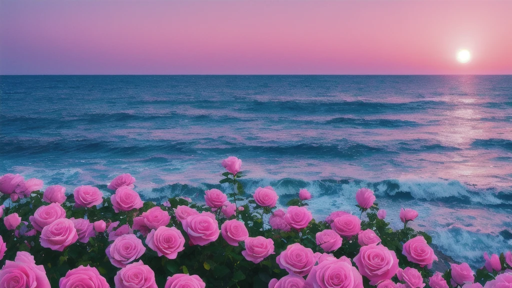 Pink Moon, Pink Sky, Soft pink clouds, pink ocean waves Sparkling, Sparkling, Pink roses in a sea of pink, Fantasy, diamond, Crown, universe, Soft Light,
