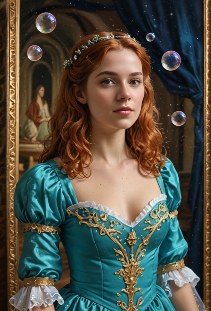 A painting，The painting shows a woman in a dress blowing bubbles, Loish and Wallop, ethereal bubbles, Mobis + Loish + Wallop, Dreamy and detailed, intricate Wallop, closeup fantasy with water magic, fairytale artwork, fairytale painting, Anna Dittmann (Anna Dittmann) style, Wallop art, Realistic fantasy, Artgerm Julie Bell Beeple
