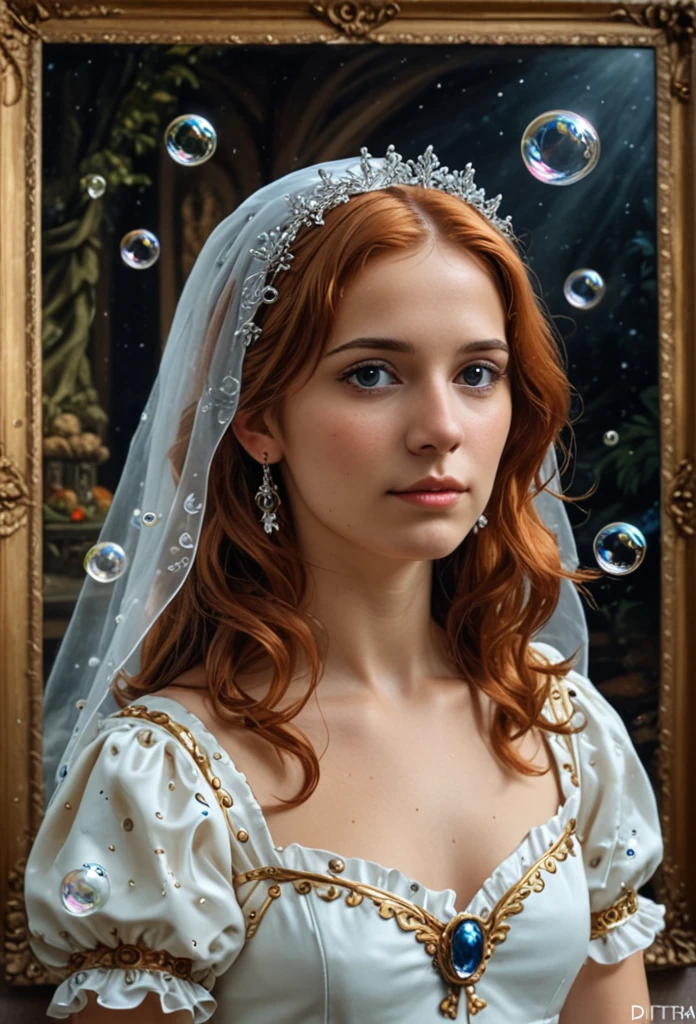 A painting,The painting shows a woman in a dress blowing bubbles, Loish and Wallop, ethereal bubbles, Mobis + Loish + Wallop, Dreamy and detailed, intricate Wallop, closeup fantasy with water magic, fairytale artwork, fairytale painting, Anna Dittmann (Anna Dittmann) style, Wallop art, Realistic fantasy, Artgerm Julie Bell Beeple