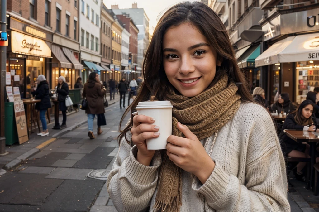 very beautiful girl, wearing a sweater and scarf drinking coffee on a city street, looks towards the camera, smiling, high detail, advertising photo