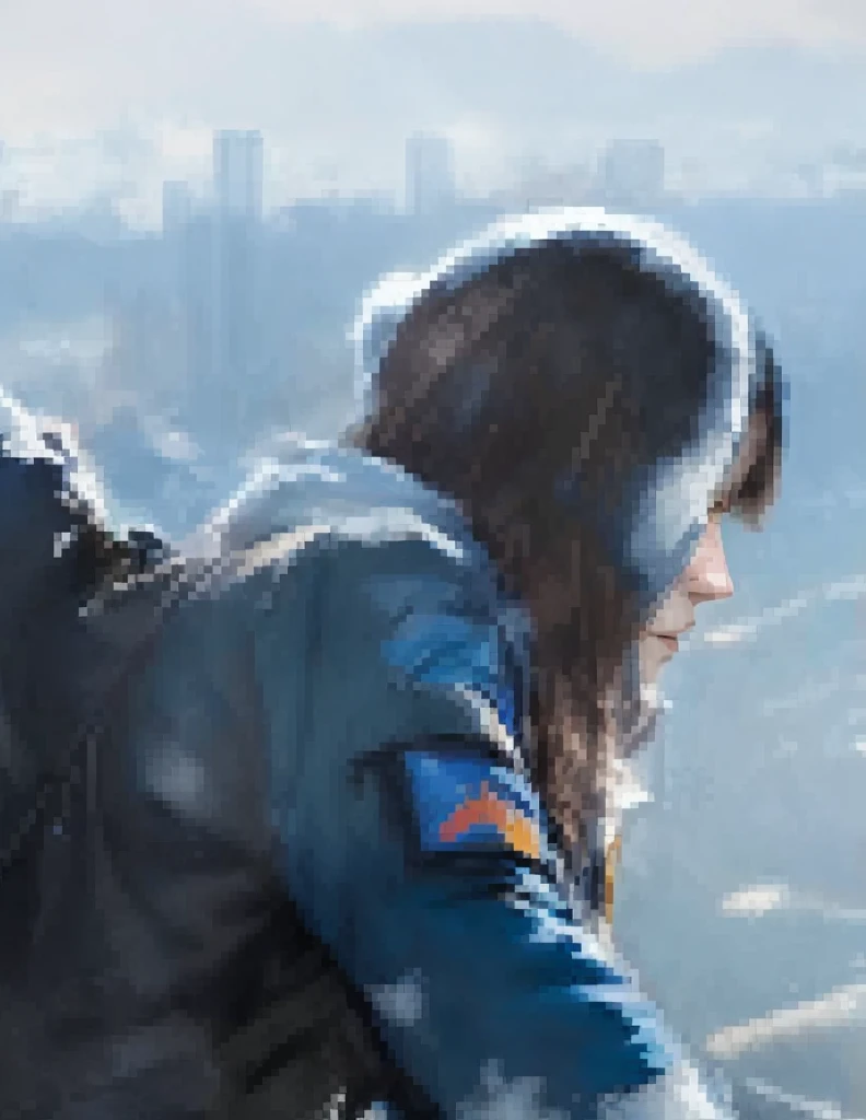 Realism,woman wearing blue jacket and backpack,, Bastien Grieve, close up-视图, more details, [ Movie, Shoulder smoke, Farah, Wojtek Fuss, Ultra-high pixel detail, around the city, close up, jessica rossier color scheme,