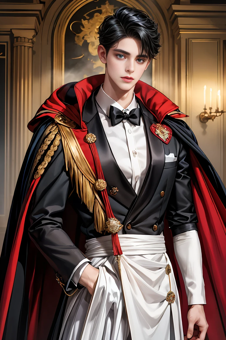 
masterpiece, 最high quality, high quality, 1 boy, alone, Male focus, Watching the audience,  Messy black hair, Adorable big blue eyes, White people, Noble, Noble,Sexy voluminous black and red cape、Tuxedo、A very voluminous, large, very large, very large, long, long red and black cape with a high stand-up collar, reaching down to the floor, made of a lot of fabric., 17 years old,Cute beautiful boys,Cute, cute, kind, handsome guy