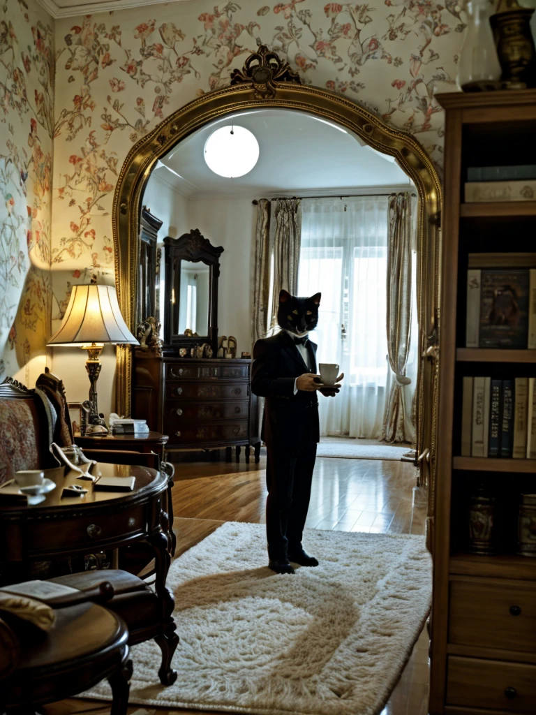 Highly detailed image of the most realistic look. The central element of the image is a Moscow apartment, the setting of which corresponds to the sixties of the twentieth century. In the center of the room there is a large oval mirror on a stand., capable of rotating around a central axis horizontally. There is a big black cat in front of the mirror, as tall as an average person, standing on its hind legs. The cat drinks coffee: he has a cup of drink in his right front paw, and he takes a sip, and in the left front paw there is a saucer. The cat is turned half-turn towards us, and we see his reflection in the mirror. The interior of the room contains items typical of the sixties: furniture, wallpaper, Lights, books and other items, which add the atmosphere of time and place.