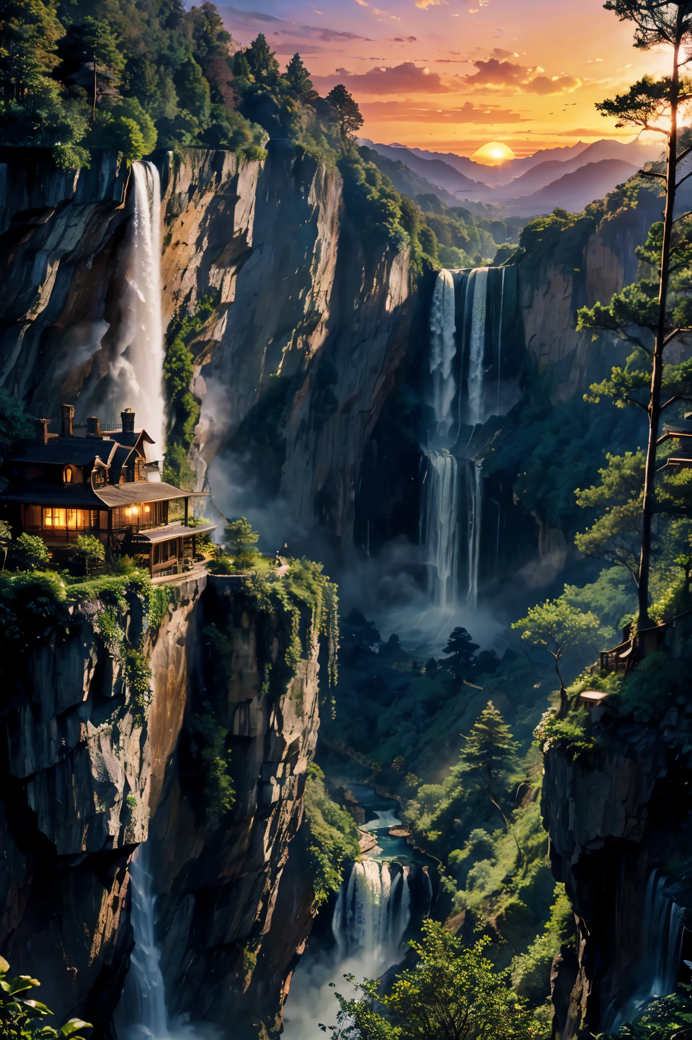 House on a cliff near a waterfall, double decker, personal garden, beautiful view from the side, sunset, huge forest near the waterfall.