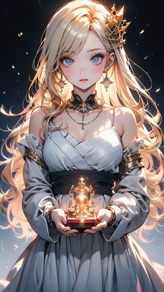 There is a woman in a white dress holding a music box, artwork in the style of Gwaiz, Gwaiz on pixiv artstation, Gwaiz on artstation pixiv, Gwaiz, Fantasy art style, Gwaiz masterpiece, Beautiful and elegant queen, Beautiful character drawings, Detailed digital anime art, Blonde Princess, Gray Hair, Sky blue eyes, Pink Lips