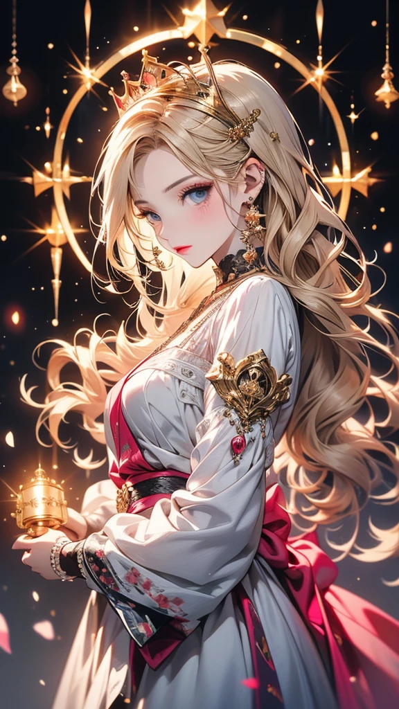 There is a woman in a white dress holding a music box, artwork in the style of Gwaiz, Gwaiz on pixiv artstation, Gwaiz on artstation pixiv, Gwaiz, Fantasy art style, Gwaiz masterpiece, Beautiful and elegant queen, Beautiful character drawings, Detailed digital anime art, Blonde Princess, Gray Hair, Sky blue eyes, Pink Lips