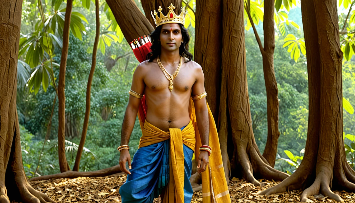 A breathtaking cinematic 16:9 widescreen portrait of Rama, the seventh avatar of Vishnu and the epitome of dharma from the Ramayana epic. Rama stands majestically in the center of the horizontal composition, shown in full-length from head to toe, occupying the middle third of the frame. His entire figure is visible, showcasing his noble posture and divine appearance. He appears as a regal Indian prince with smooth, blue-tinged skin symbolizing his divine nature, and long, black hair styled in a high jata-mukuta (matted hair crown). Rama wears a richly embroidered full-length yellow dhoti with a red silk scarf draped over his shoulders, adorned with intricate gold jewelry including a crown, necklaces, armlets, and anklets. His expression is serene and determined, embodying righteousness and strength. He holds his iconic bow, Kodanda, in his left hand and an arrow in his right, both at waist level. The wide aspect ratio allows for a panoramic view of a lush forest scene with ancient trees and a distant mountain on either side, while keeping Rama's full figure as the clear focal point. Soft, divine light surrounds him, emphasizing his godly aura from head to toe. The image style combines realistic details with the elegant aesthetics of classical Indian paintings, using a harmonious color palette dominated by blues, greens, and golds to create a visually stunning composition that captures Rama's full majesty. The scene evokes the period of his exile, blending the beauty of nature with his regal bearing