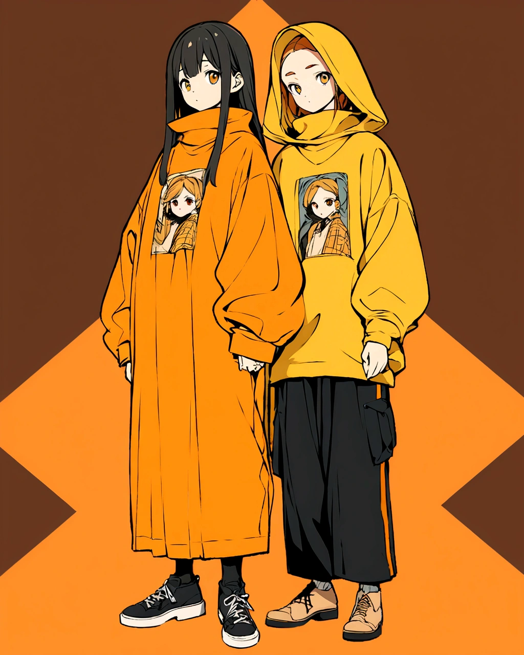 Create an illustration of one characters standing side by side, similar to the provided image. The characters should wear oversized clothes. One character should wear a yellow sweater with black pants, and the other should wear yellow overalls with an orange turtleneck. Both characters should have black shoes, and the background should be a solid orange color."
