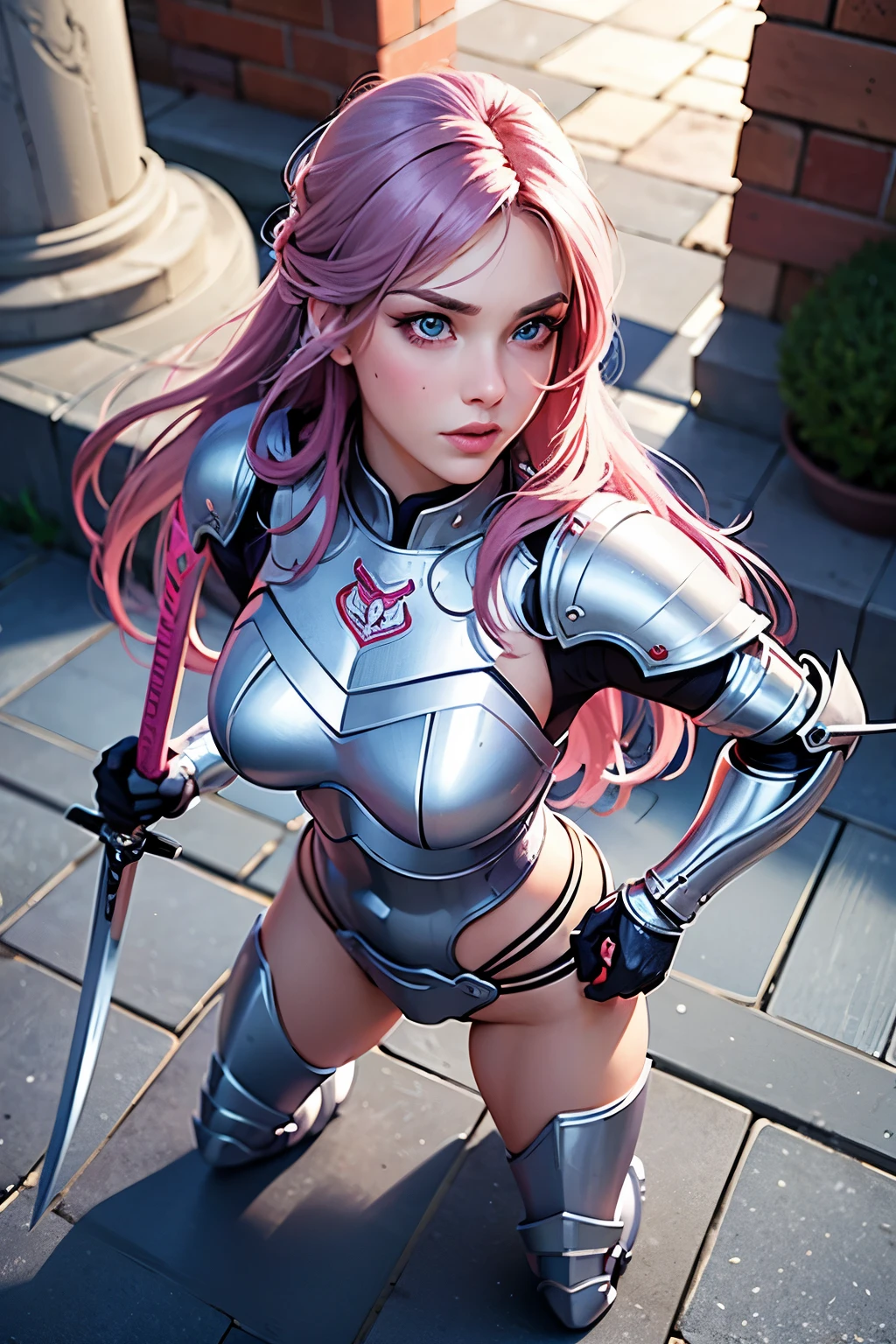 masterpiece, best quality, ultra-detailed, dynamic angle, full body, in the middle, look down from above, a pretty woman, solo, warrior, beautiful purple hair, beautiful light blue eyes, beautiful eyes, long hair, muscle, gloves, triumphant look, smug look, self-satisfied look,pink knight's armor,sword and shield