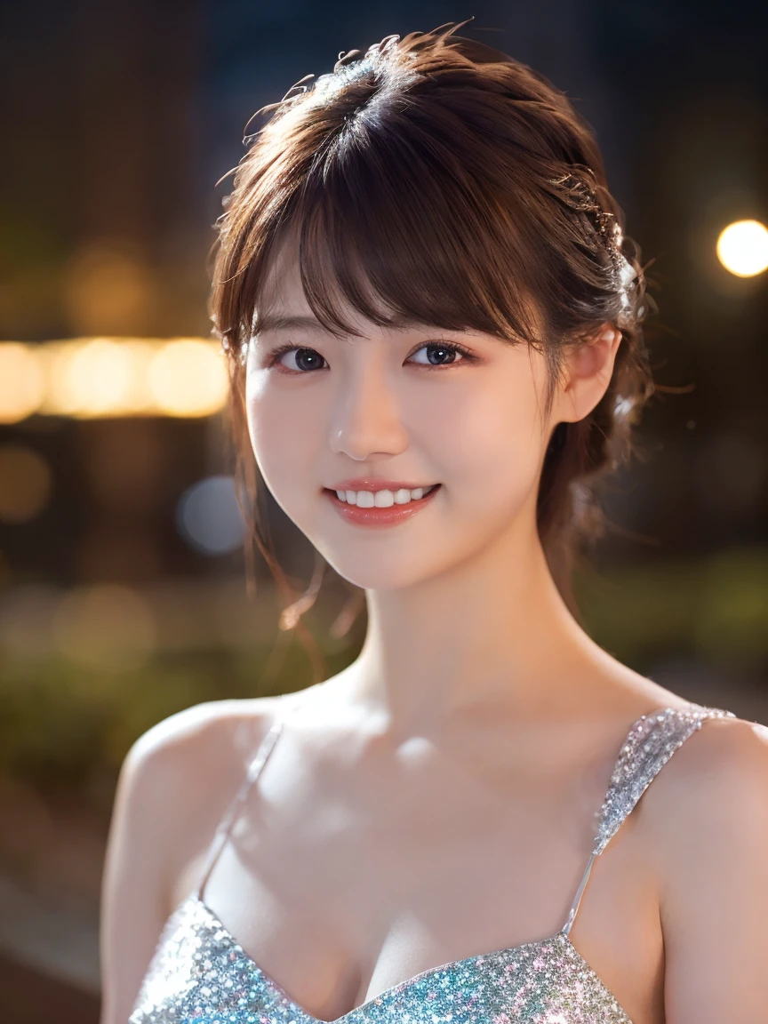 1 Girl, (Wearing a white glitter dress:1.2), (RAW Photos, Highest quality), (Realistic, Realistic:1.4), Tabletop, Very delicate and beautiful, Very detailed, 2k wallpaper, wonderful, finely, Very detailed CG Unity 8K 壁紙, Very detailedな, High resolution, Soft Light, Beautiful detailed girl, Very detailed目と顔, Beautiful and sophisticated nose, finelyて美しい目, Cinema Lighting, City lights at night, Perfect Anatomy, Slender body, smile,