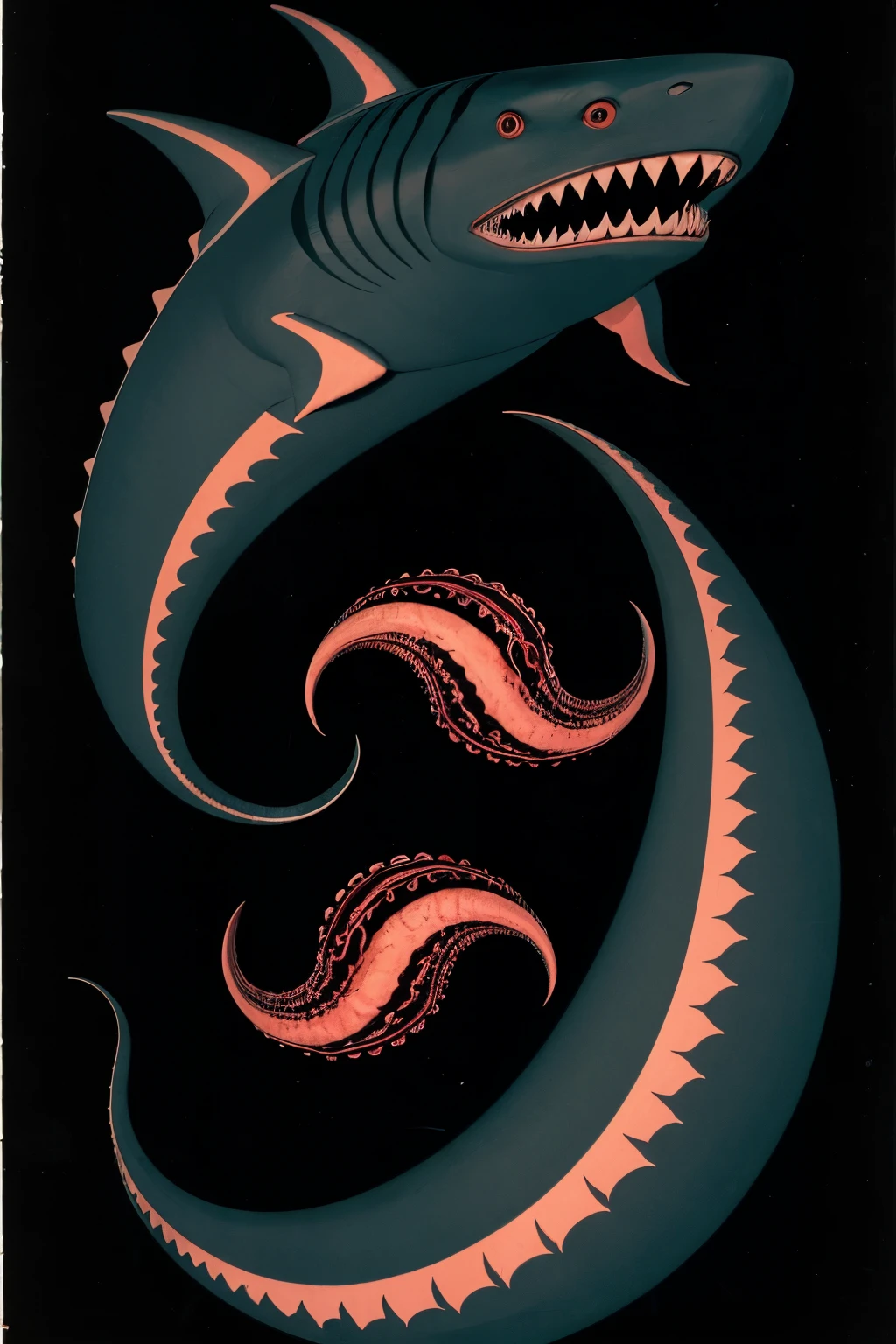 Low Quality, Analog Horror, VHS Like, Deep sea image, with Black background with two creatures, look like a Tigershark, but one of them is Red and has tentacles