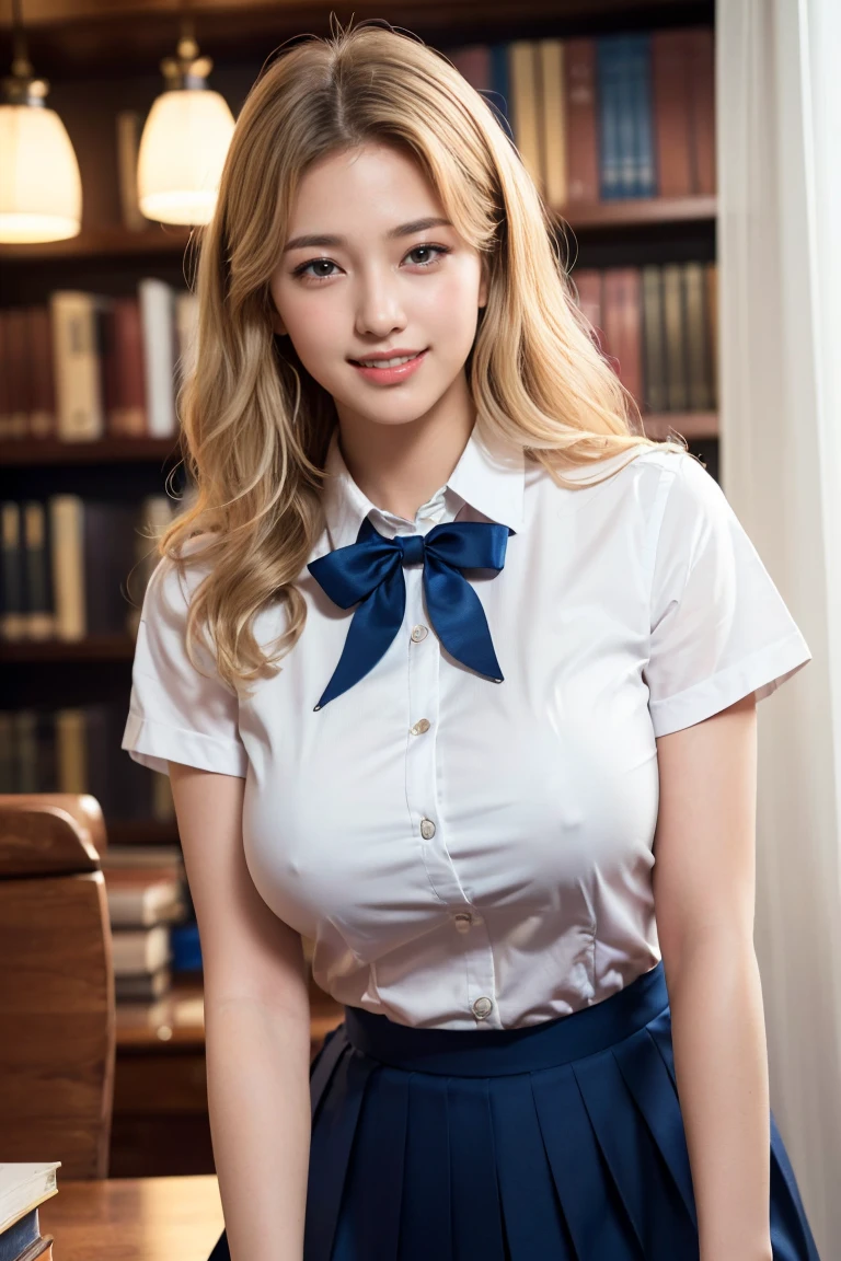(((neat woman,Bright-eyed excitement,kind big smile,blush,blush,red cheek,please touch me,tempting viewer,i want you))),(all fours,all fours,hip higher),((((blush,red cheek)))),(cinematic lighting), (Photo real:1.4)、(A hyper-realistic:1.4)、(Photorealistic:1.3)、 (gentle lighting: 1.05)、(Improve the lighting quality of your video:0.9)、 32k、25years old woman、photorealistic lighting、Back lighting、Facial Lights、Ray Trace、(bright:1.2)、(Increase quality:1.4)、 (best quality real texture skin)、Fair eyes,delicate face、 Close-up of the face, ((Wearing the white collared shirt,navy vest-dress uniform,(no printed navy pleated skirt),high-heel),(Bodyline mood improvement:1.1)、Glossy skin、Korean Idol、Nogizaka Idol、good figure,perfect anatomy,Beautiful actress,(((beautiful huge breasts,slender waist,slender hip,long slender legs,8heads tall))),(((8heads tall))),(((blonde wavy hair,curtain bangs))),(((in the beautiful modern office of library,super clean night view,in the night))),