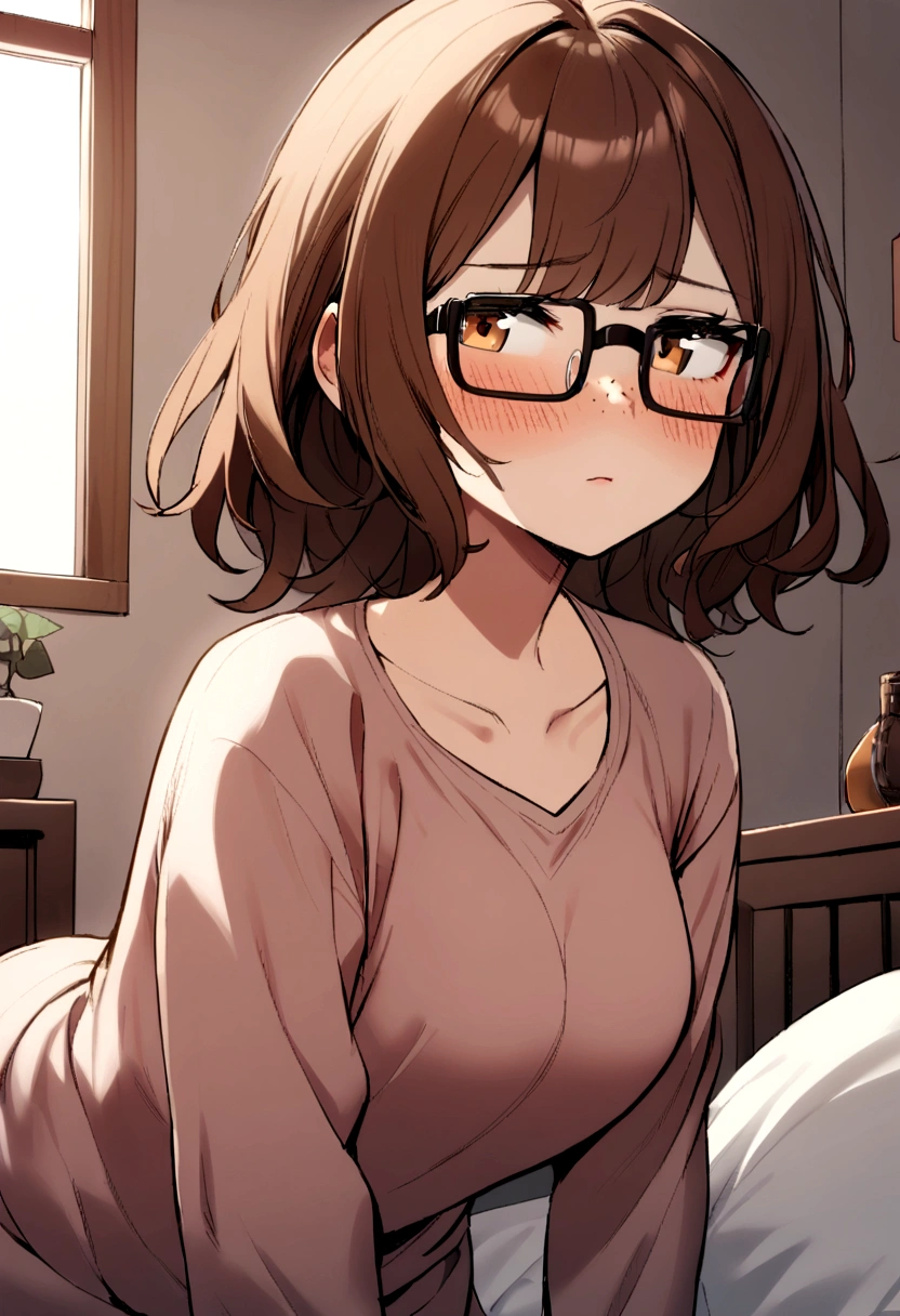 1girl, brown curvy hair, freckles, square glasses, in a cozy bedroom, blushing, looking away.