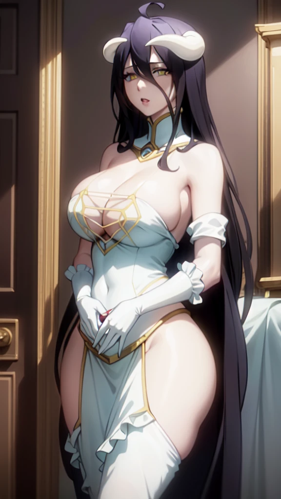 (masterpiece:1.6, best quality:1.4, real picture:1.2, intricate details:1.2), Albedo, 1girl, dark hair, red eyes, big lips, lip gloss, long hair, medium breasts, bare shoulders, hourglass figure, (narrow waist), thick thighs, thick ass, defined stomach, sexy pouty lips, cleavage, vampire girl, white latex micro bikini, sexy thight micro panties, detailed face and eyes, black pantyhose, black gloves, seductive pose, royal room.