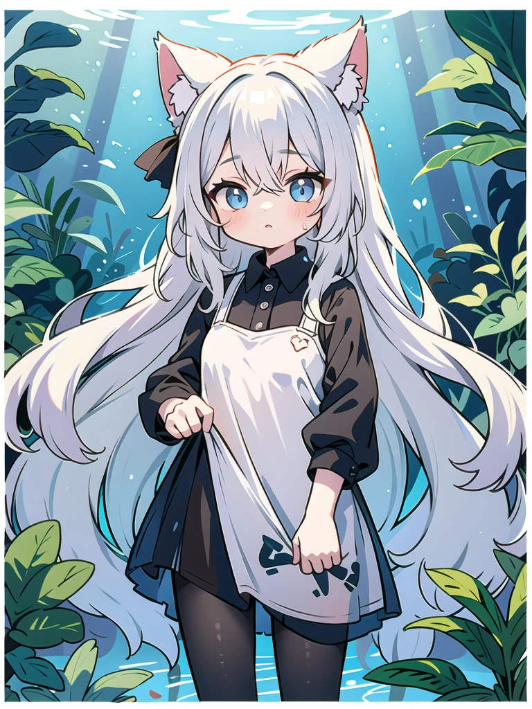 　Dark Room　Aquarium　Gray Hair　Long Hair　Cat ear　See-through clothing　tights　One girl　Blue Eyes