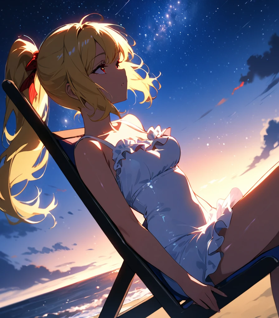 (masterpiece)、(absurdres)、(ultra detailed)、((solo lady)、(blonde hair:1.0)、(shiny red eyes:1.1)、(highponytail:0.9)、(a little red libbon:0.8)、(long hair:0.7)、((middle breast:0.8))、BREAK,Frills、White one-piece swimsuit、BREAK,Sandy and seaside beach、half-closed eyes,side view,Sit in a long chair、Starry Sky,looking up:0.9,looking away:1.1,fullbody shot,Wind、