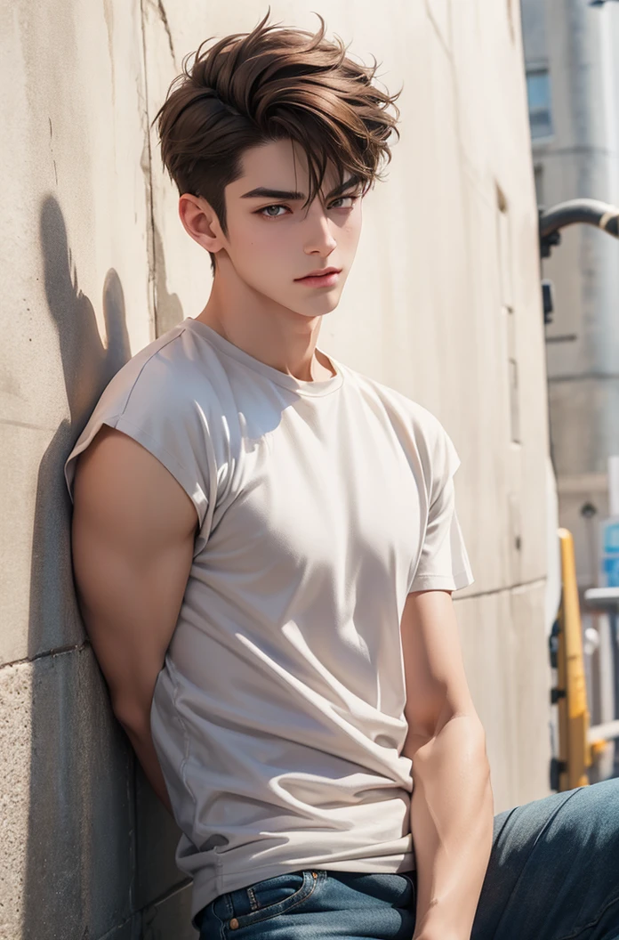 Anime guy, 21 years old, cuberpunk, neutral expression, with brown hair parted in middle, shoulder lengeth brown hair on right side of face, short brown haor smoothed towards back on the left side of face, yellow eyes, clay grey T-shirt, skinny biker jeans, reating righet arm on top of a pale white skinned reptile monster with a flat face and black eyes and a large mouth full of pointy long jaws. In a city street