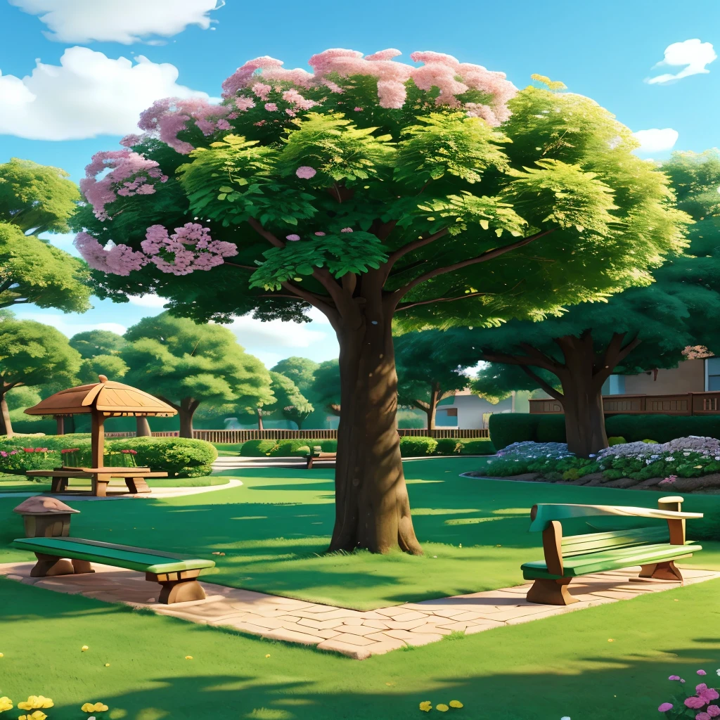 MAKE A SQUARE WITH LOTS OF TREES, BENCHES TO ACCENT, POPPOOL MAKER, LOTS OF FLOWERS, DRAWING STYLE