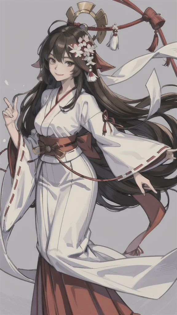 The image shows an illustrated character, likely from an anime or manga. The character has long dark hair and is wearing a traditional shrine maiden (miko) outfit, consisting of a white top (haori) with red accents and a red skirt (hakama). The character is holding what appears to be a bow without the string, and there are white ribbon-like effects surrounding the character, suggesting movement or a magical element. The face of the character has been pixelated to obscure it. The character has no accessories. Please create the new illustration in a soft, pencil-drawn style based on this description. With a smile on your face