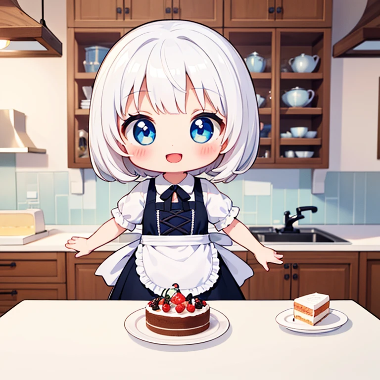 ((Highest quality)), ((masterpiece)), (detailed), Perfect Face, Perfect Arms, anime, Ultra-fine illustration, ((1 person)), ((Chibi Character)), Cute girl, smile, Open your mouth, White hair, blue eyes, Cute clothes, apron, Big eyes, cake, The dishes, food, Kitchen Counter, indoor,