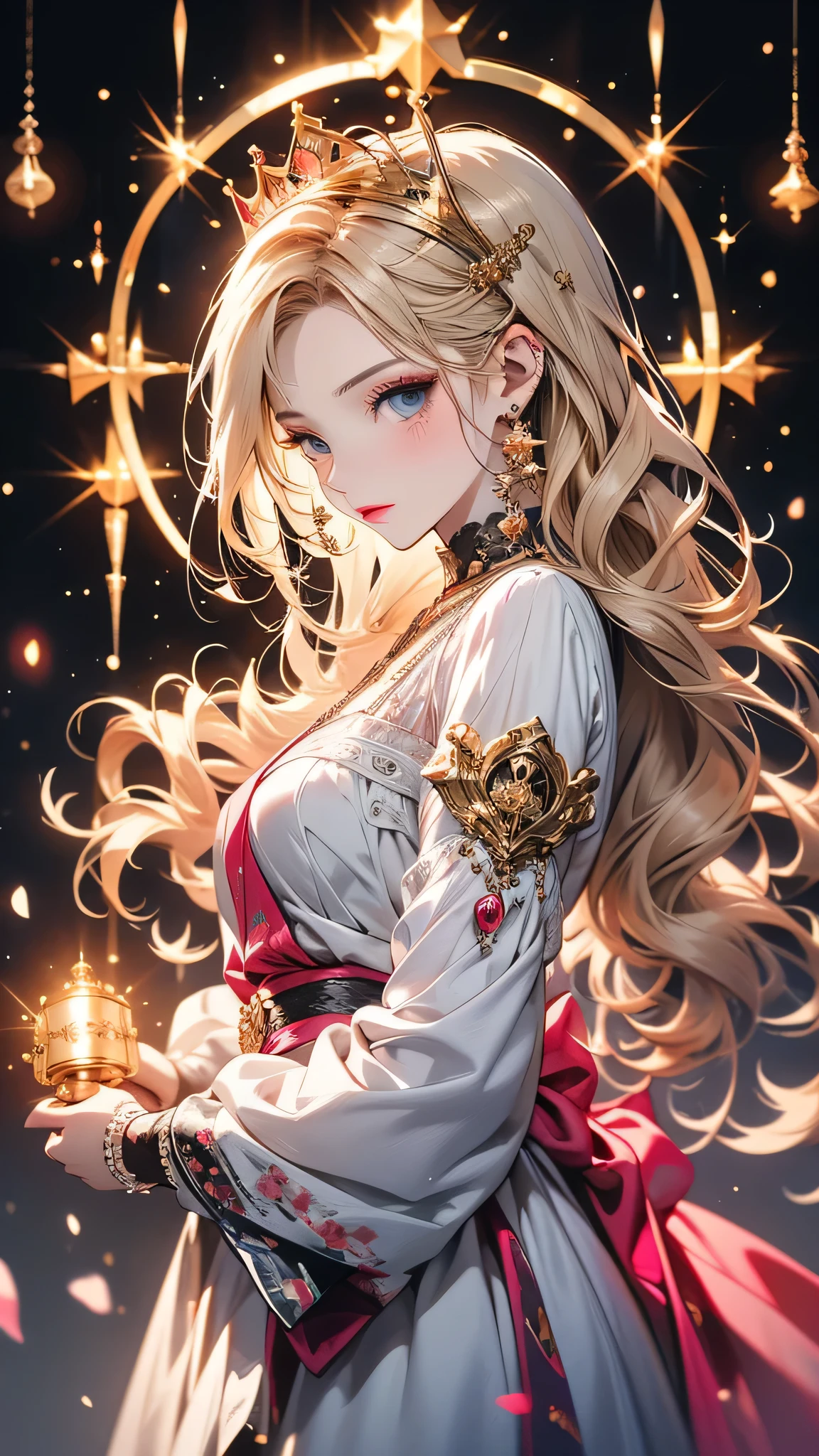 There is a woman in a white dress holding a music box, artwork in the style of Gwaiz, Gwaiz on pixiv artstation, Gwaiz on artstation pixiv, Gwaiz, Fantasy art style, Gwaiz masterpiece, Beautiful and elegant queen, Beautiful character drawings, Detailed digital anime art, Blonde Princess, Gray Hair, Sky blue eyes, Pink Lips