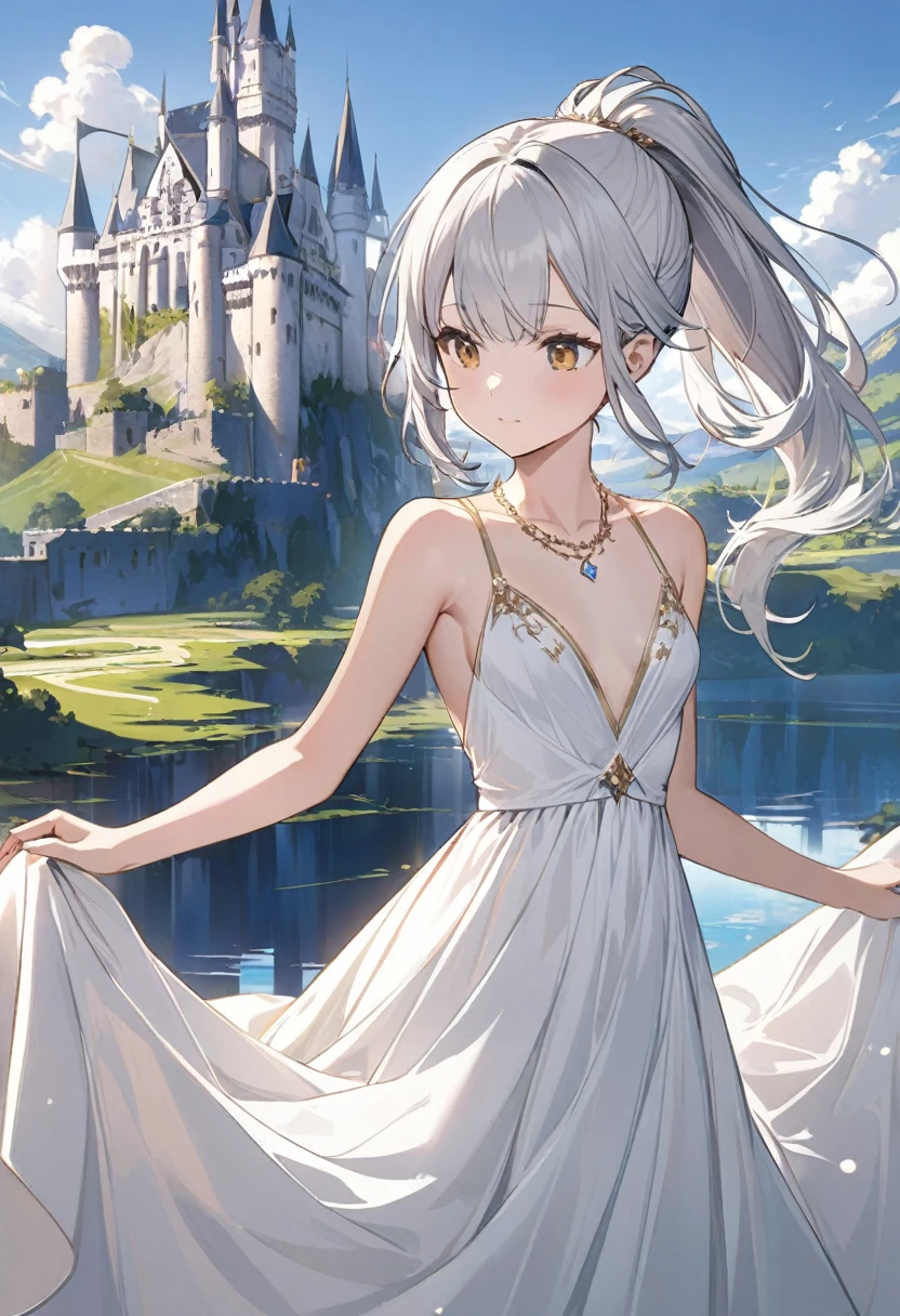 1girl, ponytail , fair skin, silver hair, golden eyes, (elegant white dress:1.3), (small breasts:1.4), collarbone, petite figure, (illustration:1.1), (perfect details:1.1), landscape, background, castle, abstract, diamond necklace, princess
