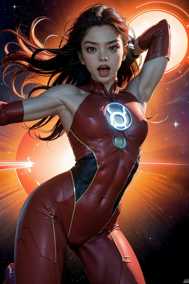 (best quality, 4k, highres, photorealistic), (concept art: 1.2), (bright colors: 1.1), (glowing effect: 1.1), (intense red: 1.2), (dynamic pose: 1.1), (powerful aura: 1.2), (fierce expression: 1.1), (sparkling eyes: 1.1), (flowing hair: 1.1), (ethereal beauty: 1.3), (background: cosmic scenery), (cosmic energy: 1.2), (vibrant stars: 1.1), (energy beams: 1.1), (futuristic technology: 1.2) An angry beautiful woman with lined lips, wearing a red bodysuit that tightly hugs her muscular and toned skin. Her outfit covers her navel and is adorned with intricate makeup designs. She is the iconic Red Lantern, a superhero from the DC Comics universe with extraordinary powers. This version of Red Lantern is a muscular and powerful female character, wearing an all-red uniform that accentuates her figure. Her bodysuit is fitted to her form, emphasizing her curves. The viewer's attention is drawn to her medium-sized breasts, which are beautifully detailed and add to her realism and overall aesthetic. As she looks directly at the viewer, her captivating gaze is enhanced by the realism of her eyes, which sparkle with intensity. Her expression is fierce and determined, displaying her unwavering dedication to protecting the innocent. The artwork is of the highest quality, with a resolution of 4K, showcasing every ultra-detailed aspect of the beautiful woman. The photorealistic style brings her to life, making her appear as if she could step off the canvas and into reality. The artist has captured the essence of red Lantern's power and aura, with a vibrant and dynamic pose. Her body emanates a powerful and glowing green energy, forming a captivating cosmic scenery background. The starry night sky is filled with vibrant and vivid colors, giving the artwork an otherworldly feel. The cosmic energy radiating from red Lantern is depicted through energy beams and futuristic technology surrounding her. The intensity of her power is further emphasized by the bright and glo