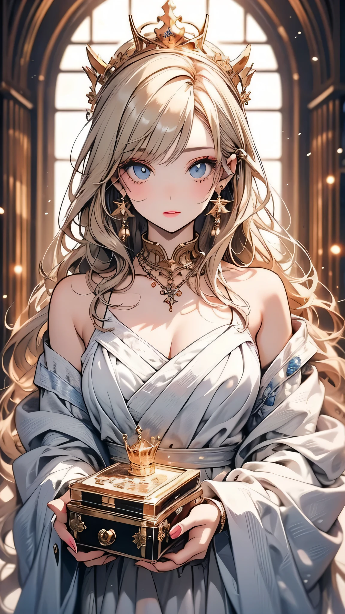 There is a woman in a white dress holding a music box, artwork in the style of Gwaiz, Gwaiz on pixiv artstation, Gwaiz on artstation pixiv, Gwaiz, Fantasy art style, Gwaiz masterpiece, Beautiful and elegant queen, Beautiful character drawings, Detailed digital anime art, Blonde Princess, Gray Hair, Sky blue eyes, Pink Lips