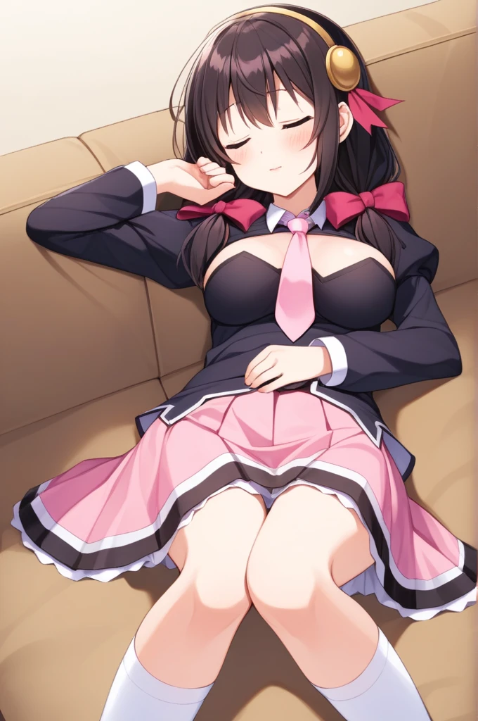 alone, One girl, Black Crown Blade, hair ornaments, Hair Ribbon, Pink tie, Black long sleeve, Pink Skirt, Knee socks, Cleavage, indoor、Black Hair、(I'm sleeping with my eyes closed:1.5)、(blush:)、Lying down on the sofa