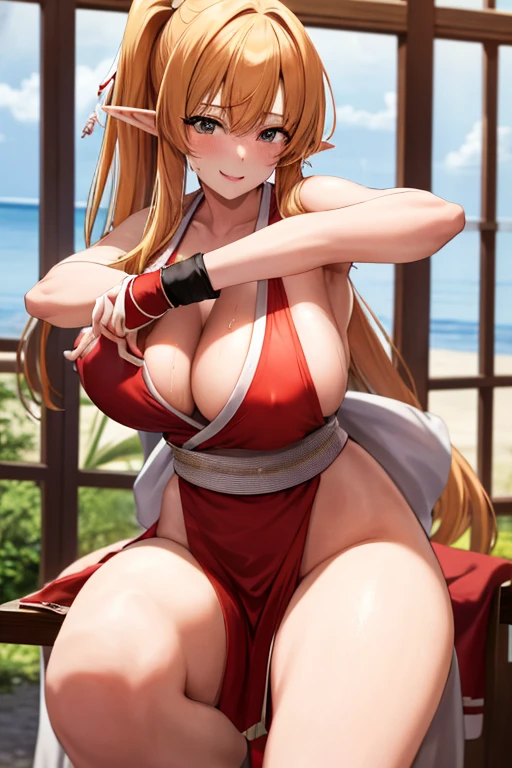 masterpiece, best quality, beautiful art, high resolution, well formed hands, body and fingers, 1 woman, solo, Tiffania Westwood , elf ears, grown up, cosplaying as Mai Shiranui , mai_shiranui_cosplay, adult, large and round breasted, cleavage full body, hair ribbon, gorgeous legs and, thighs, sexy Japanese clothes, hair ornament , sexy legs , hips and thighs, fighting in a combat match, showing her fighting skills, making her guard, about to hit the viewer, looking at the viewer, sweating, bouncing breasts, smiling joyfully and brightly, being confident and proud, action and fighting scene, martial arts arena with beach environment