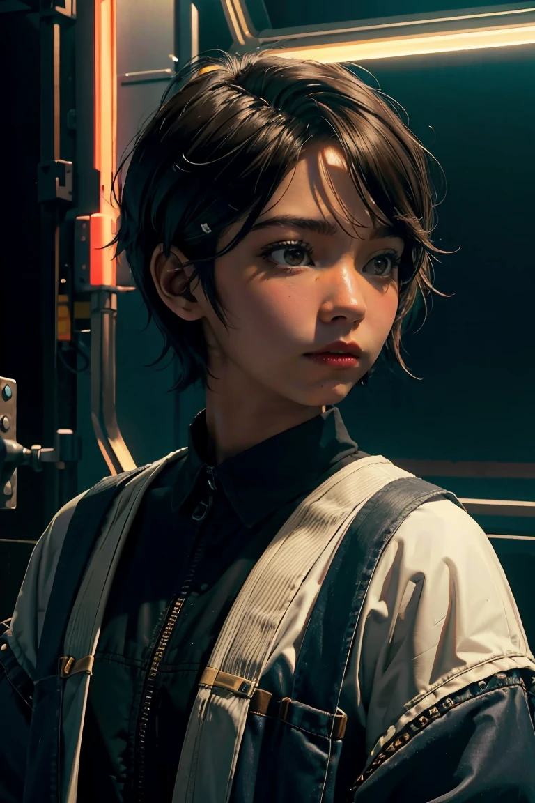 Dark skinned tomboy girl with undercut hair, illustrated by aoiro studio and masaaki komori, hyper detailed, neon lights, cinematic lighting, matte painting, illustrated in an oil painting style, trending on artstation, contemporary art, surrealistic and dreamlike atmosphere.