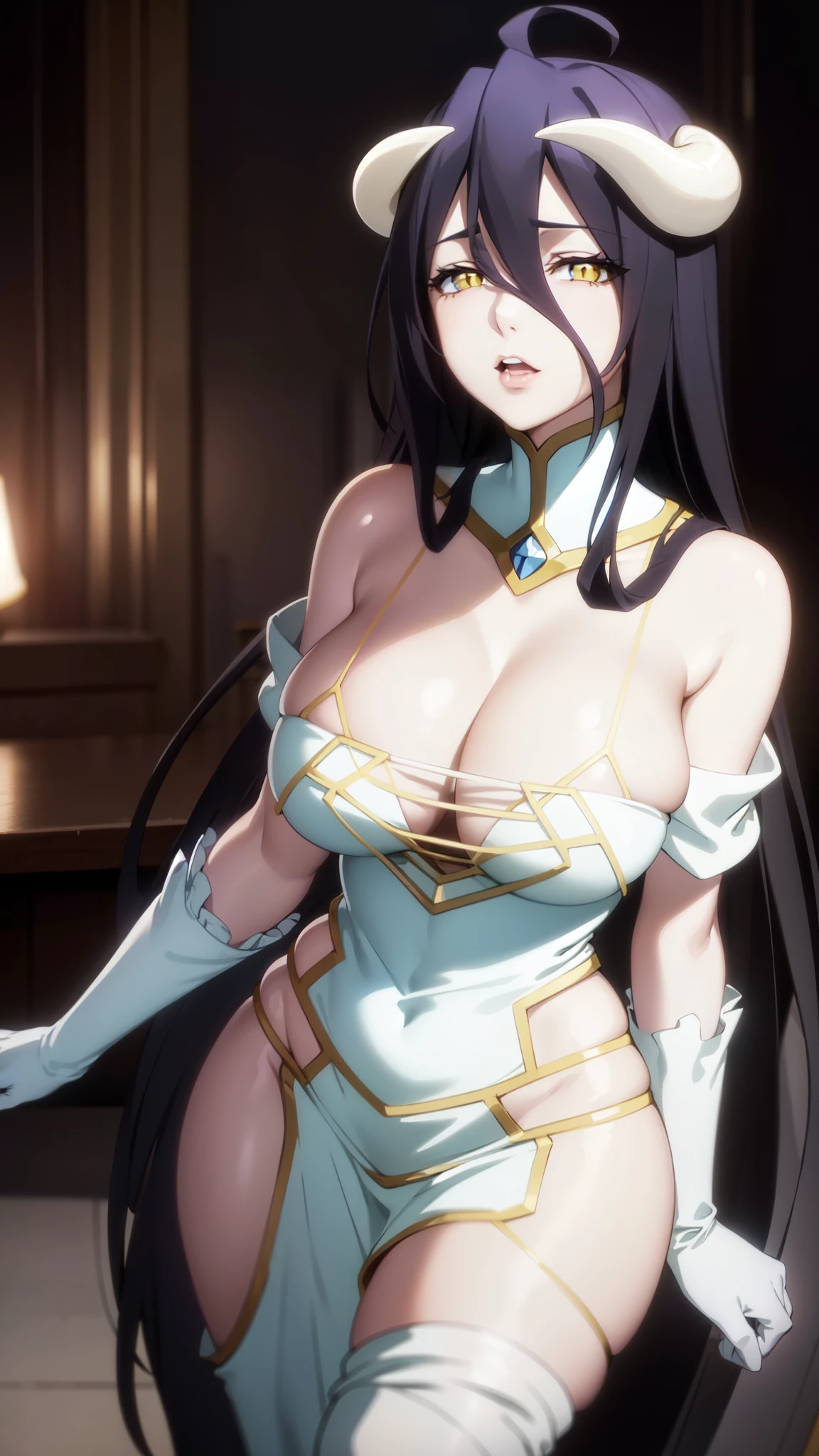 (masterpiece:1.6, best quality:1.4, real picture:1.2, intricate details:1.2), Albedo, 1girl, dark hair, red eyes, big lips, lip gloss, long hair, medium breasts, bare shoulders, hourglass figure, (narrow waist), thick thighs, thick ass, defined stomach, sexy pouty lips, cleavage, vampire girl, white latex micro bikini, sexy thight micro panties, detailed face and eyes, black pantyhose, black gloves, seductive pose, royal room.