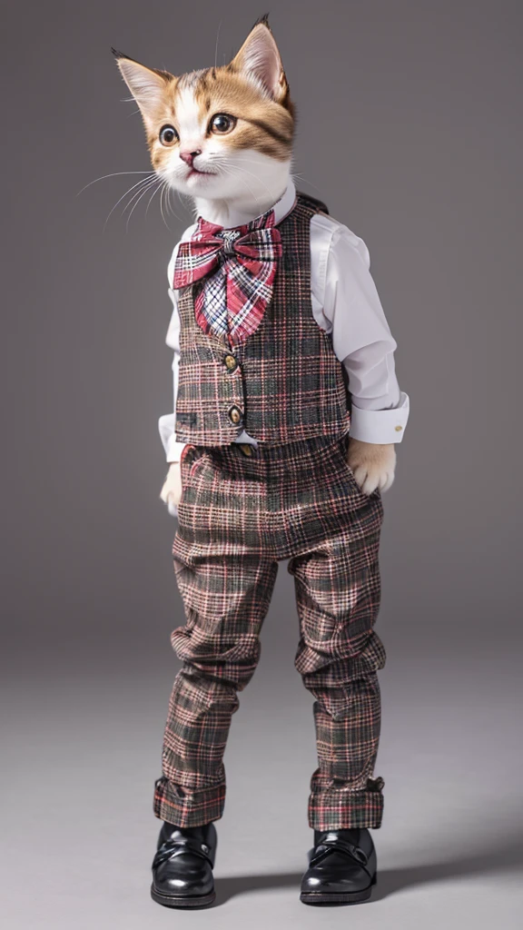 “A high-resolution, full-body shot of a kitten standing on its hind legs like a human. The kitten is wearing a tartan check vest, a red bow tie, and checkered pants. The kitten has short legs and is standing upright in a front-facing position. The image should capture the intricate details of the kitten’s fur.”