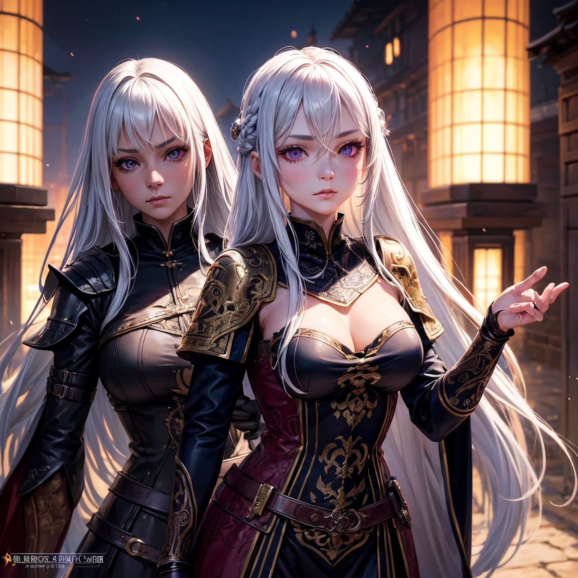 old woman, 1girl, long white hair, small breasts, purple eyes!!!, fair skin, blank face, sexy tight black combat outfit, no helmet, night, medieval japanese town, very sexy body, detailed face, beautiful detailed eyes, beautiful detailed lips, extremely detailed eyes and face, long eyelashes, detailed clothing, intricate details, highly detailed, photo realistic, 8k, best quality, masterpiece, cinematic lighting, dramatic lighting, vibrant colors, fantasy, digital art, concept art