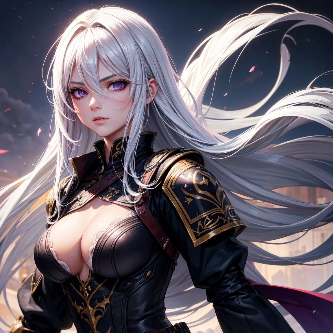 old woman, 1girl, long white hair, small breasts, purple eyes!!!, fair skin, blank face, sexy tight black combat outfit, no helmet, night, medieval japanese town, very sexy body, detailed face, beautiful detailed eyes, beautiful detailed lips, extremely detailed eyes and face, long eyelashes, detailed clothing, intricate details, highly detailed, photo realistic, 8k, best quality, masterpiece, cinematic lighting, dramatic lighting, vibrant colors, fantasy, digital art, concept art