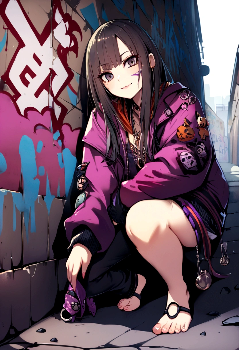 One Girl In A Back Alley、(Super Detail)、(8K)、((Hip Hop Fashion))、(graffiti wall)、(full body Esbian)、(hyperdetailed face)、(Detailed feet)、(Detailed hand)、(Cool Face)、(crouching down)