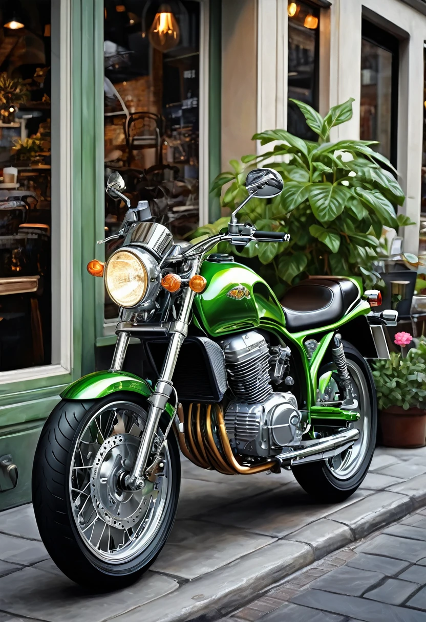 ( perfect anatomy )masterpiece, Beautiful detailed fresh and elegant aesthetic style airbrush digital oil painting beautiful artwork to create a fresh morning coffee shop scene photo,an electric motorcycle(Novel style,Unique)Closeup motorcycle( perfect anatomy ) Parked elegantly on the street next to the coffee shop.Coffee shop scene green plant masterpiece, Highly detailed, photo-realistic original photos, The best film quality, extremely delicate texture, high-quality works of art masters